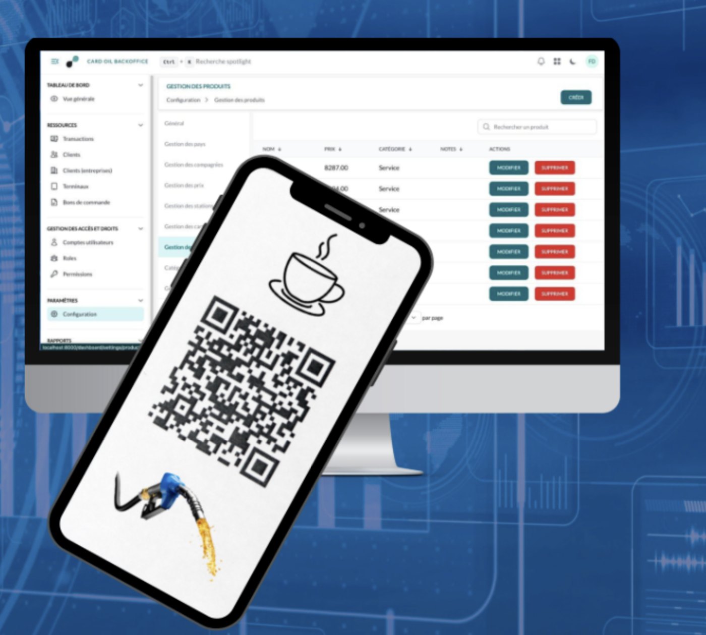 Le back-office CardOil : gestion des produits, et un téléphone affichant un QR code de paiement